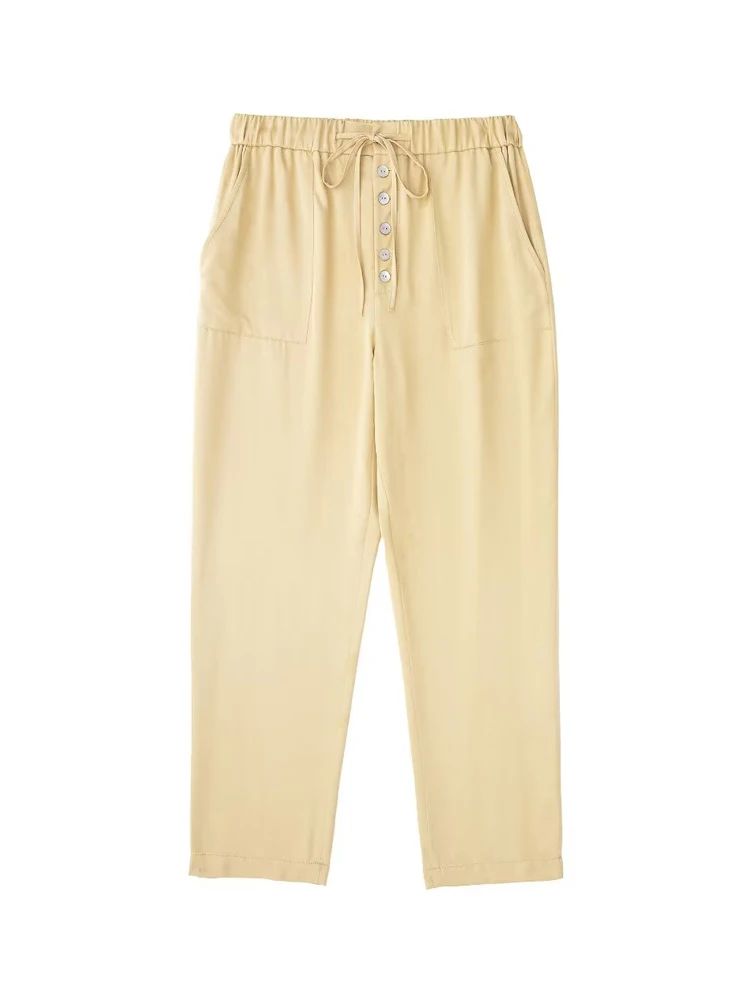 

2022 Summer Women Solid Straight Pants Fashion Satin Elastic waist Drawstring Bow Female Elegant Street Pant Trousers