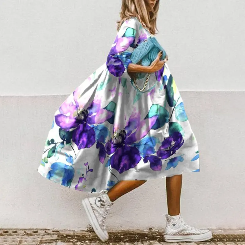 

Women Summer Casual Floral Print Dress 3/4 Sleeveo Neck Loose Boho Retro Party Dresses Ladies High Street Clothing