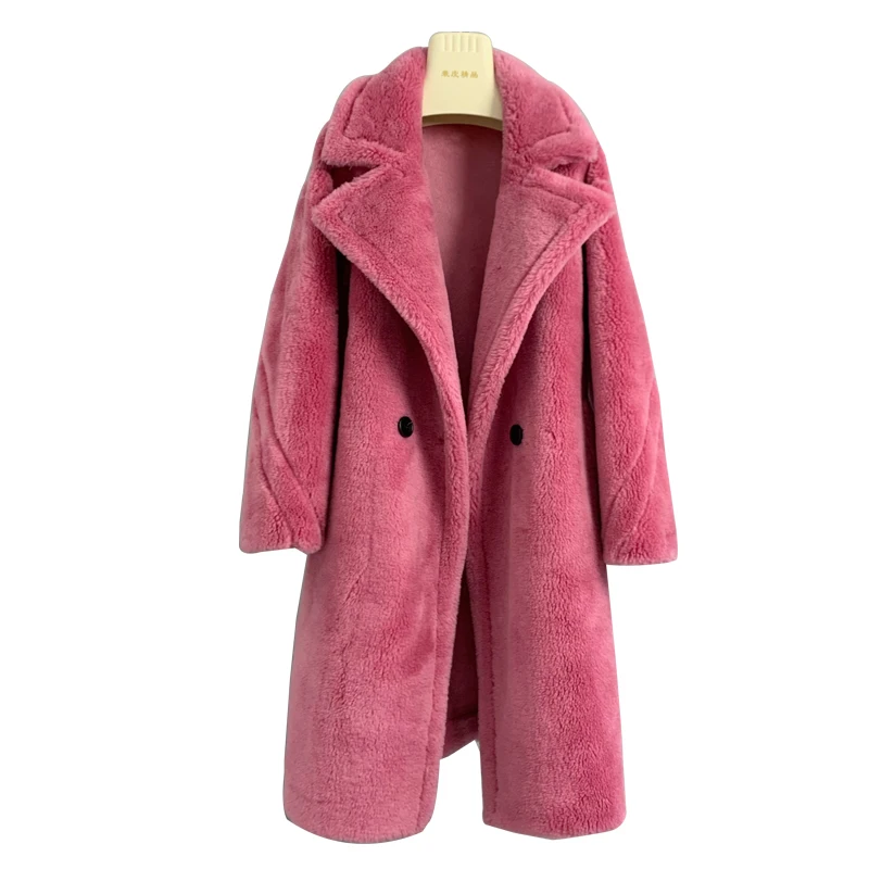 Pink Long Teddy Bear Jacket Coat Women Winter Thick Warm Oversized Chunky Outerwear Overcoat Women Real Lamb Fur Parka enlarge