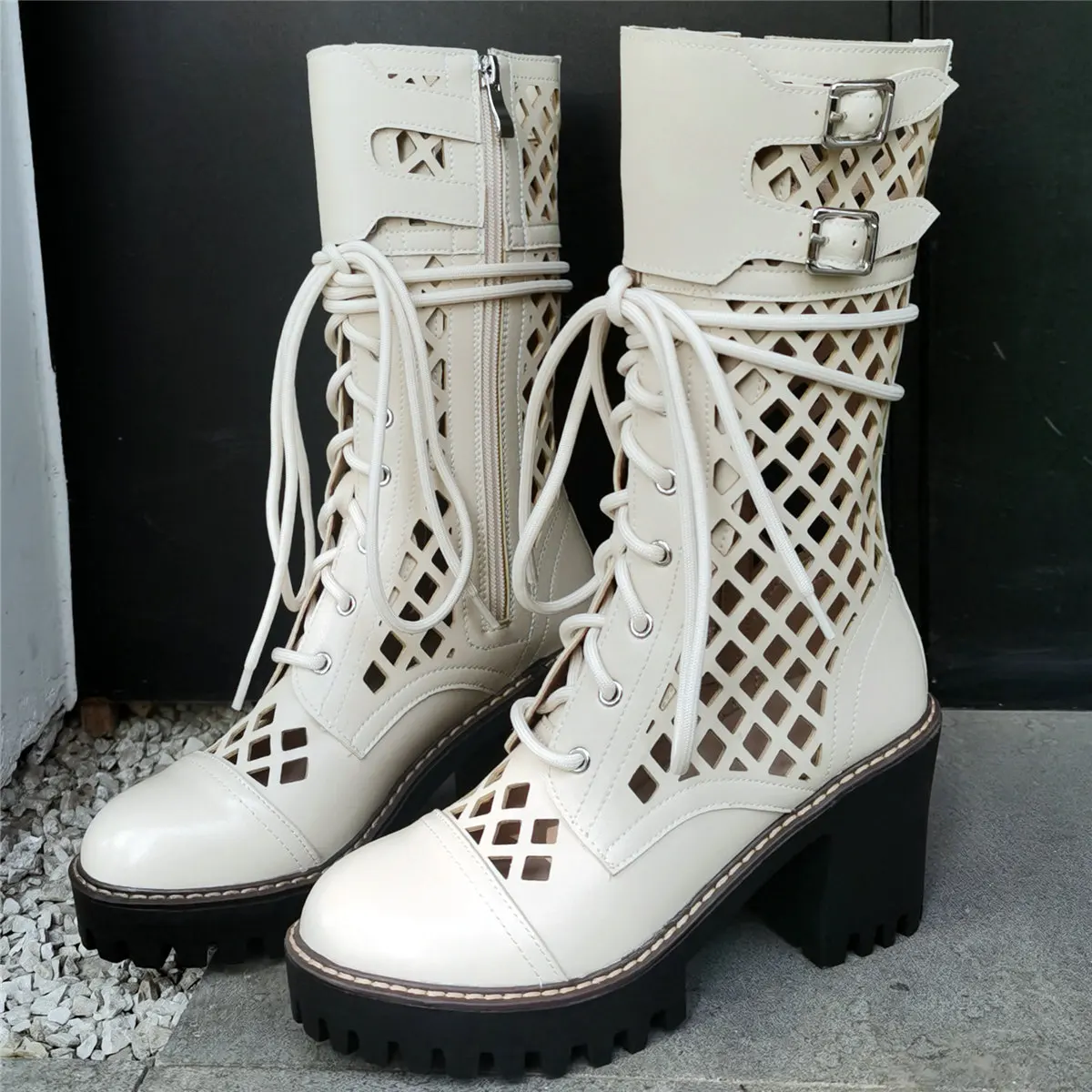 Lace Up Gladiator Sandals Women Hollow Genuine Leather High Heel Ankle Boots Female Summer Round Toe Platform Pumps Casual Shoes