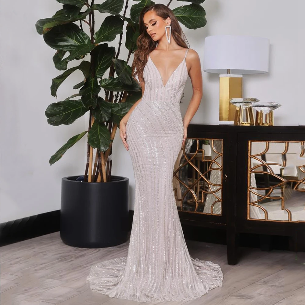 

Elegant Spaghetti Strap Evening Dresses Deep V-neck Lace Sequined Prom Dress Sexy Backless Mermaid Long train Party Gowns 2022