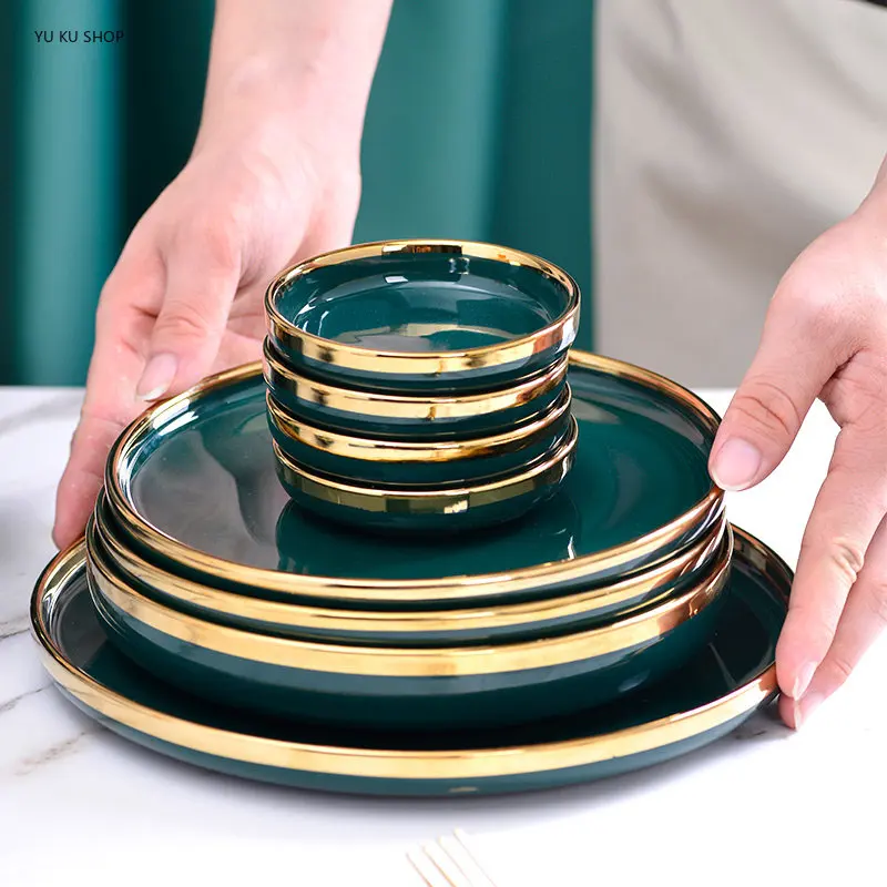 

Зеленые фарфоровые тарелки с золотой окантовкой, набор для еды, блюда, тарелки для салата, миски, роскошный набор посуды