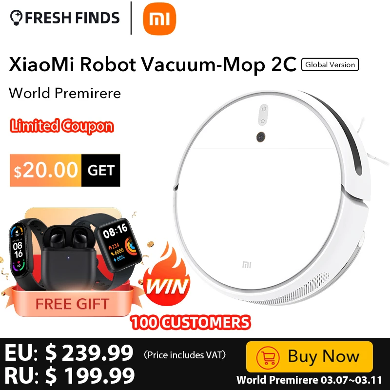 

【Мировая премьера 】Xiaomi Mi Robot Vacuum Mop 2C Mi Home App Control Умный дом Запланированная подметальная уборка Пылесос для уборки