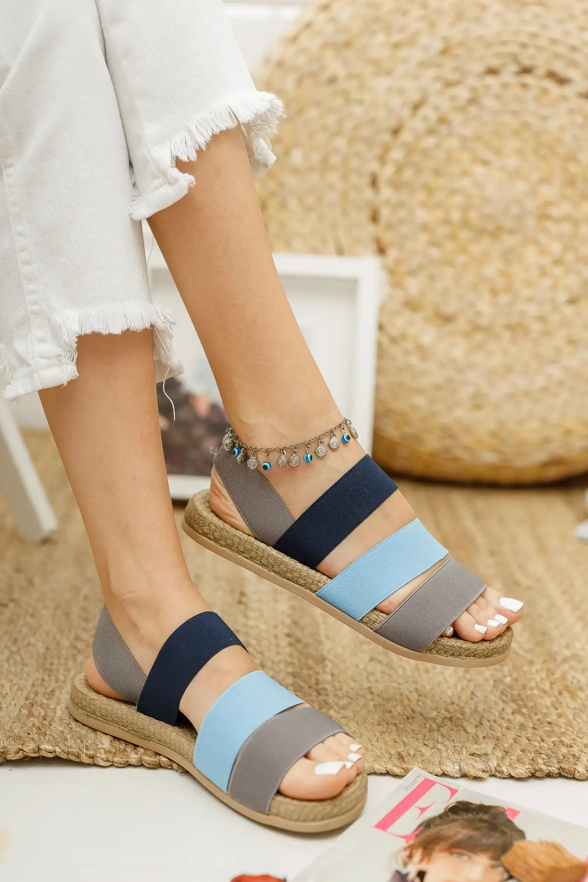 

Woman Sandals Flat Shoes 2021 New Fashion Sandals Summer Round Toe Mid Heel Navy Blue Orange Black Basic Size 36-40 Beach Shoes