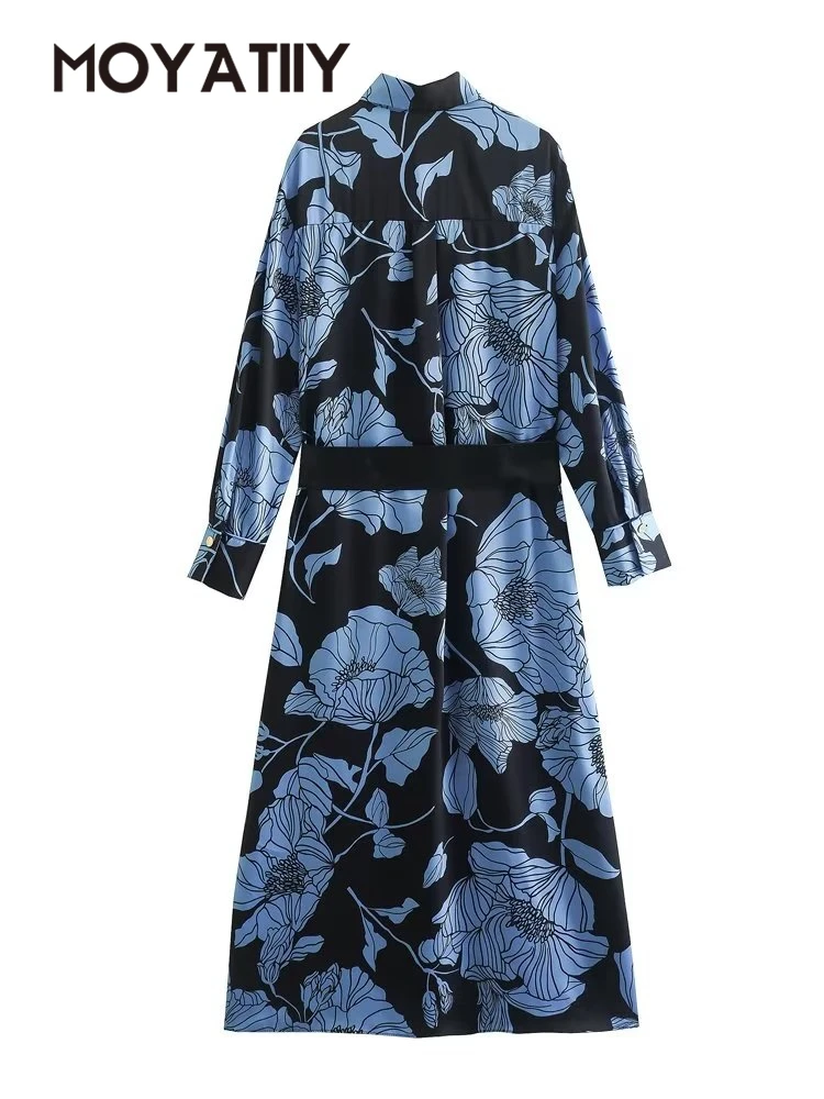 

Модное женское платье MOYATIIY с поясом, синее платье-рубашка с цветочным принтом, женские платья с длинным рукавом
