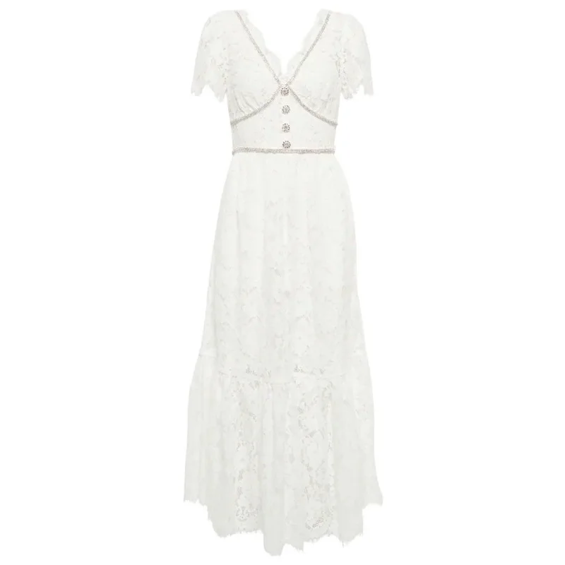 Quality Runway Summer Women Midi Long Lace Dress Short Sleeve Crystal Diamonds Beaded Chain Button Floral Embroidery White Dress