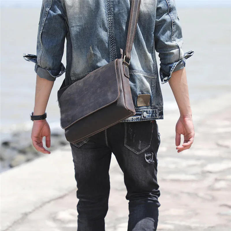 Retro fashion luxury crazy horse leather men's square shoulder bag outdoor daily work youth real cowhide big messenger bag