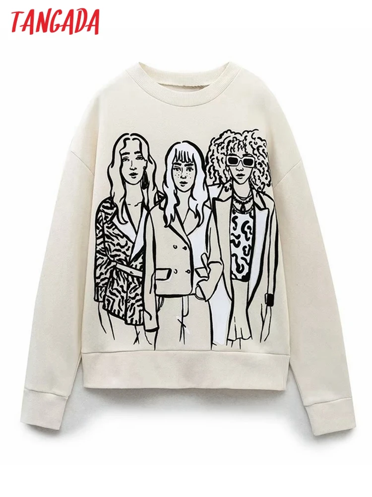 

Tangada Women Gril Print Beige Fleece Sweatshirts Oversize Long Sleeve O Neck Loose Pullovers Female Tops 6H228