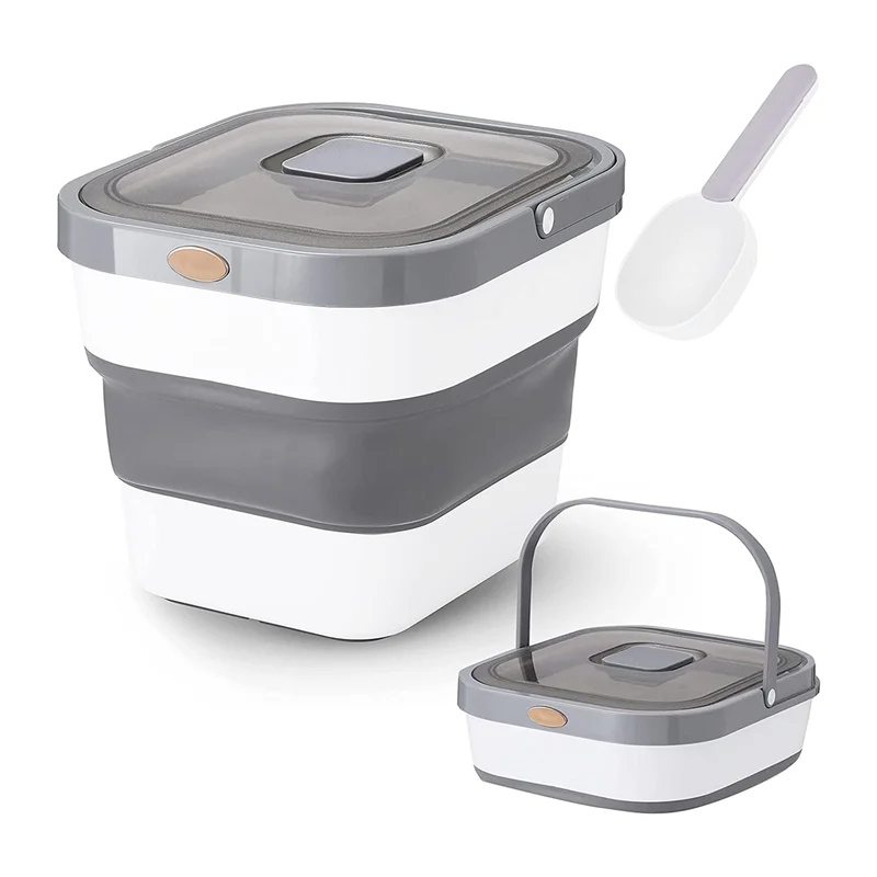 

Контейнер для хранения пищевых продуктов для риса, складные герметичные контейнеры 15 фунтов для кошек и домашних животных, диспенсер с крышкой, закрывающий ковш, серый