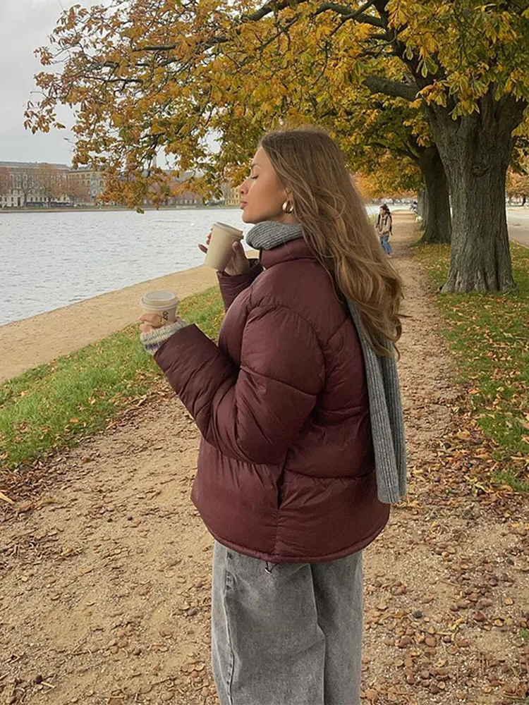 Женские зимние утепленные модные бордовые теплые пальто повседневные хлопковые