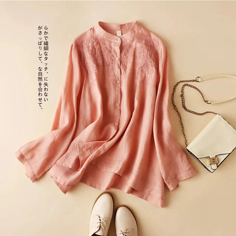 

White Pink Summer Women Tops Button Up Cotton Linen Blouse Retro V-neck Embroidery Shirt Pullover Casual Office Long-sleeve Top