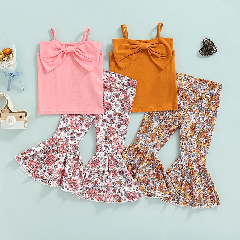Baby Girls Pants Set Summer Outfit Bow Sleeveless Sling Crop Tops Floral Print Flared Trousers Casual Cute Clothes 2Pcs 1-6Years