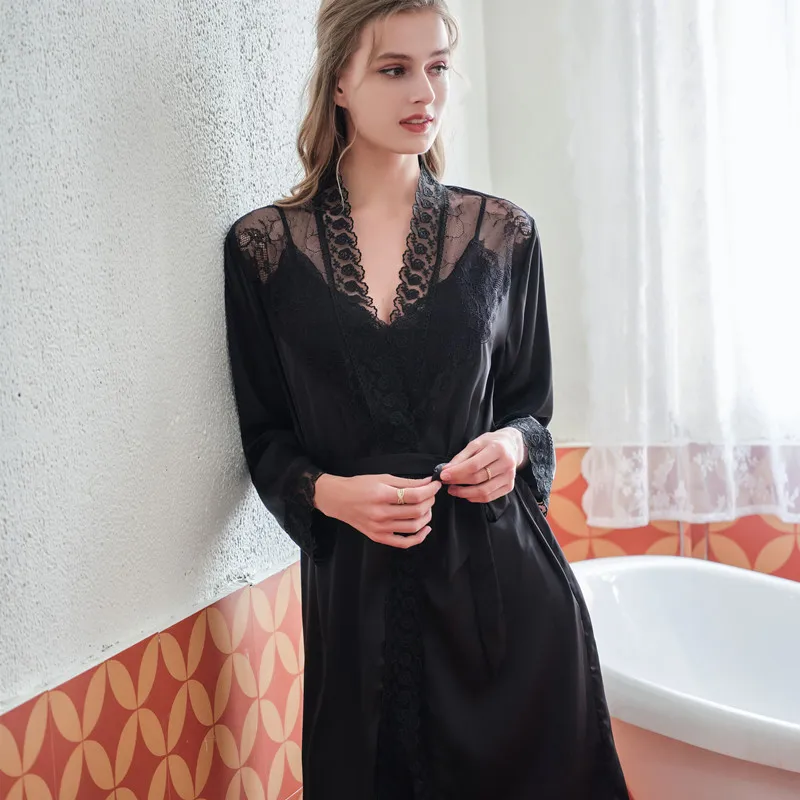 Комплект кружевного элегантного халата из 2 предметов соблазнительная атласная