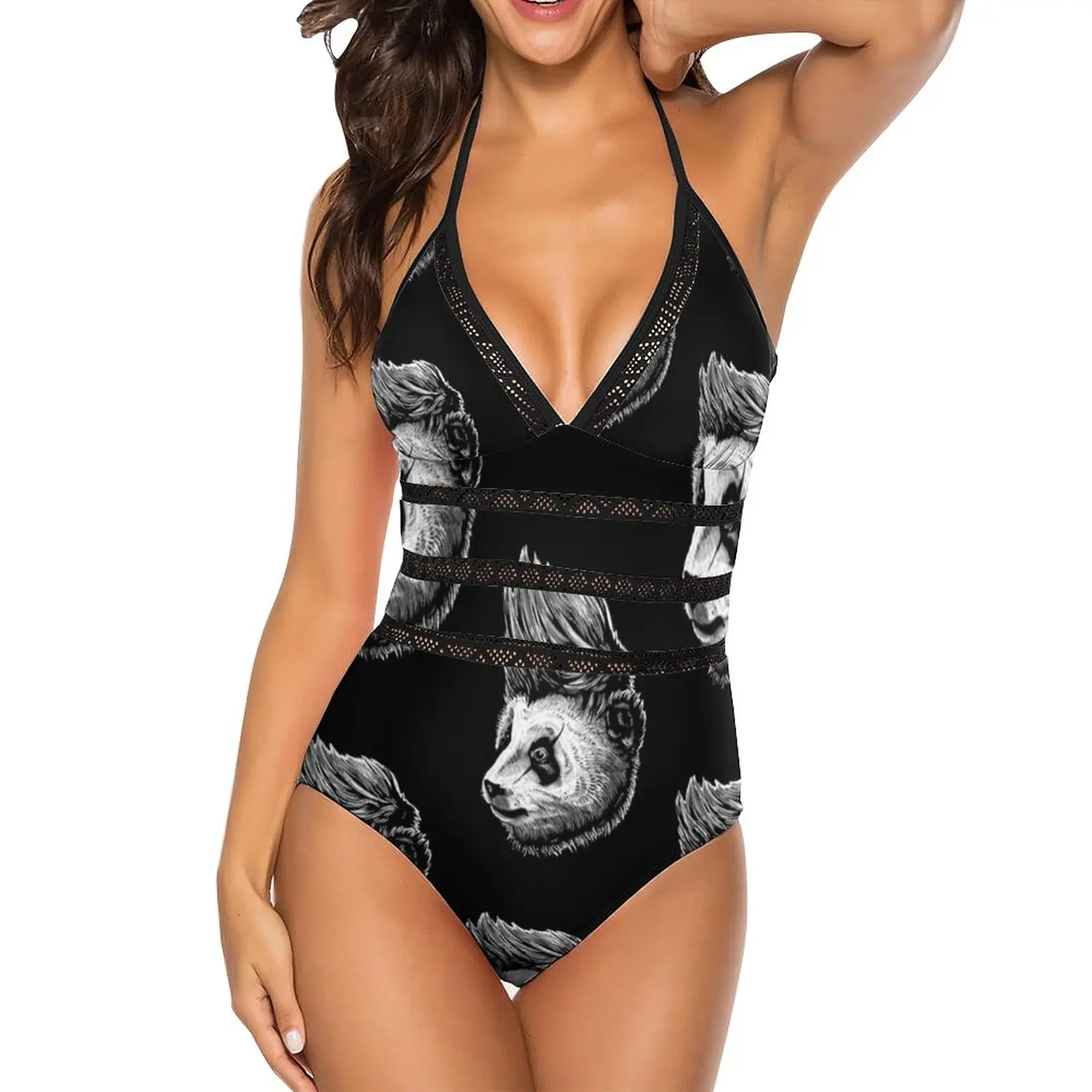 

Funky Panda-Animal Theme Design Suitable For Men And Women Sexy One Shoulder One Piece Swimsuit New Mesh Patchwork Swimwear