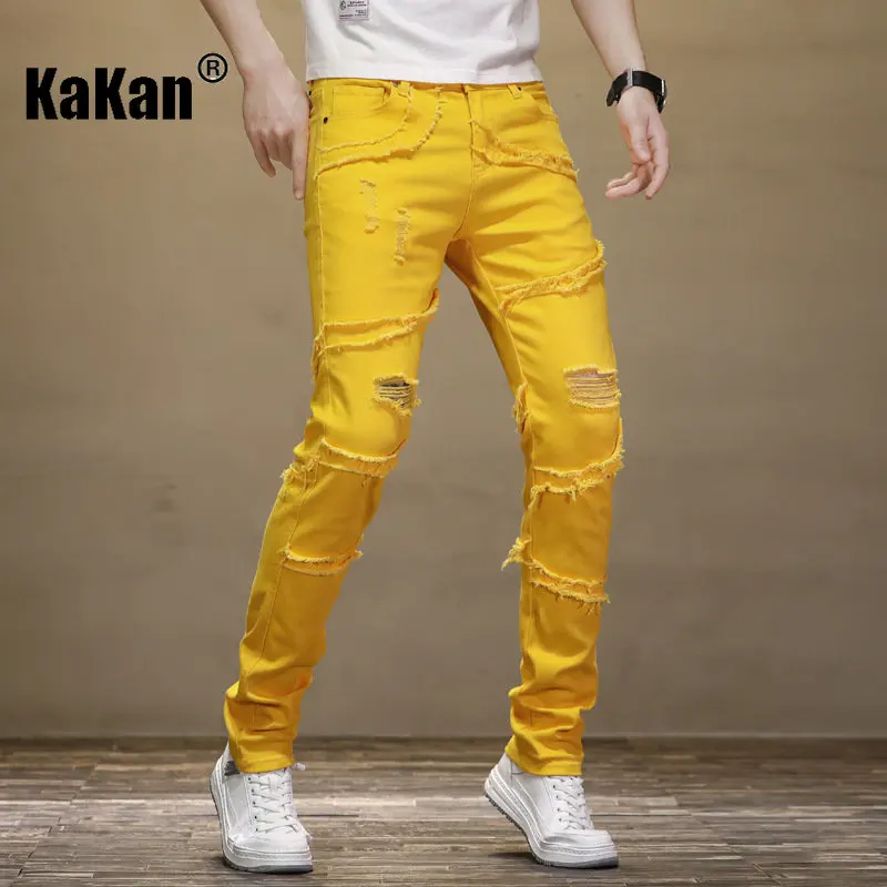 Kakan - New Patchwork Distressed Fluorescent Yellow Jeans for Men, Casual Slim Fitting Trend Small Leg Long Jeans K19-9330