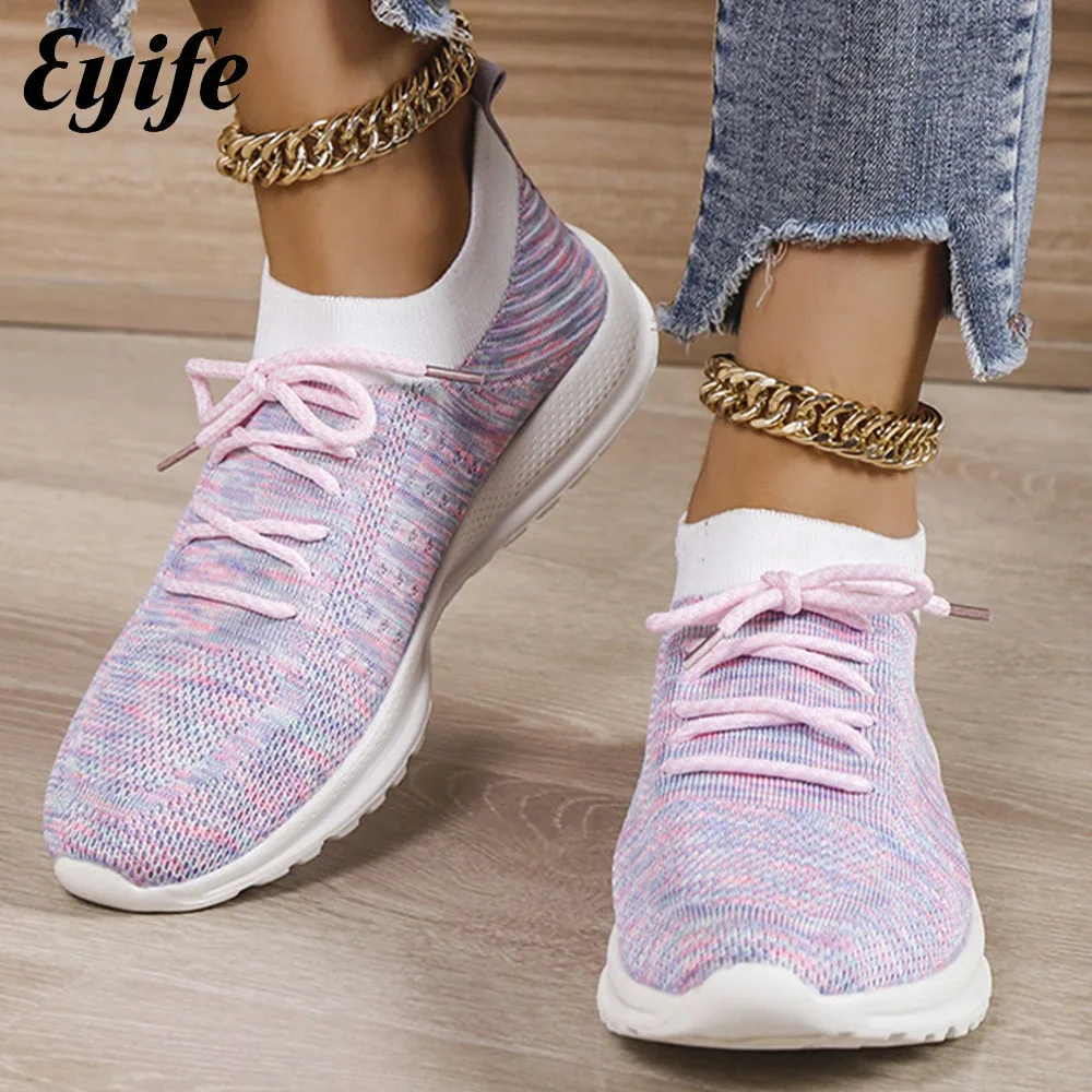 

Large-Sized Flats Women 2023 Spring New Mix Color Ladies Knitted Fabric Lace Up Breathable Sneakers Running Walking Sport Shoes