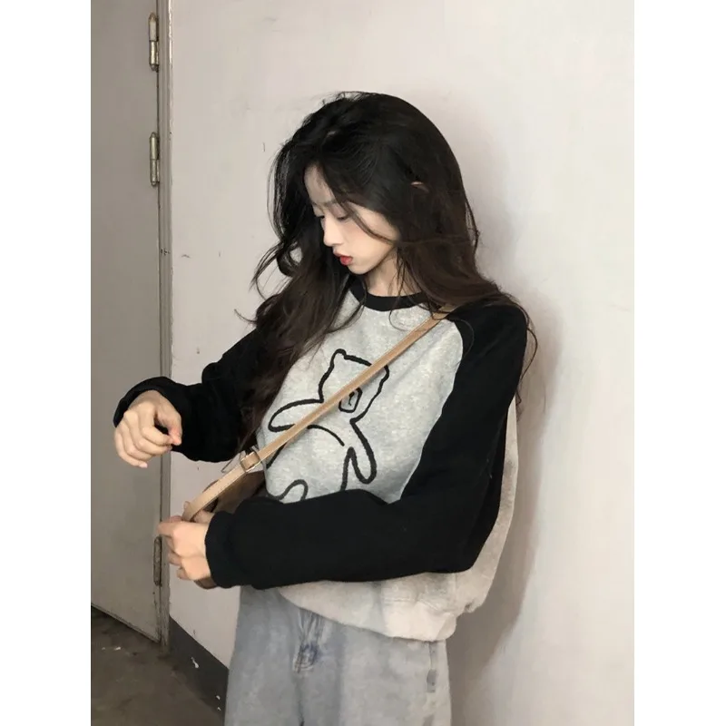 

Свитшот женский с принтом «серый медведь», свободная толстовка контрастных цветов, с длинным рукавом, в Корейском стиле, в стиле пэчворк, Y2k