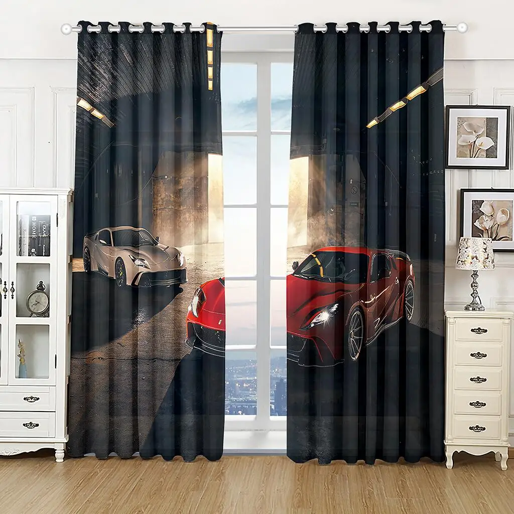 Cool Sports Car Curtains Black Automobile Print Drapes Modern Simple Living Room Bedroom Decor 2 Panels Set