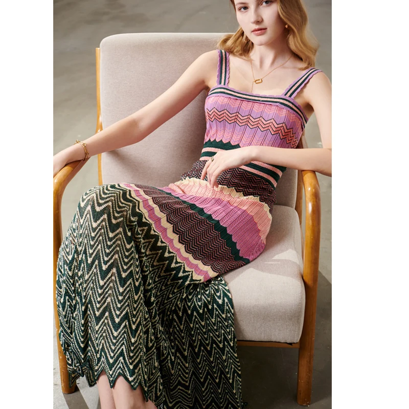 

IOO 2023 New Women Multi Color Patchwork Pleated Empire Waist Bodycon Fit Stretchy Knitted Midi Dress High Quality Brand S