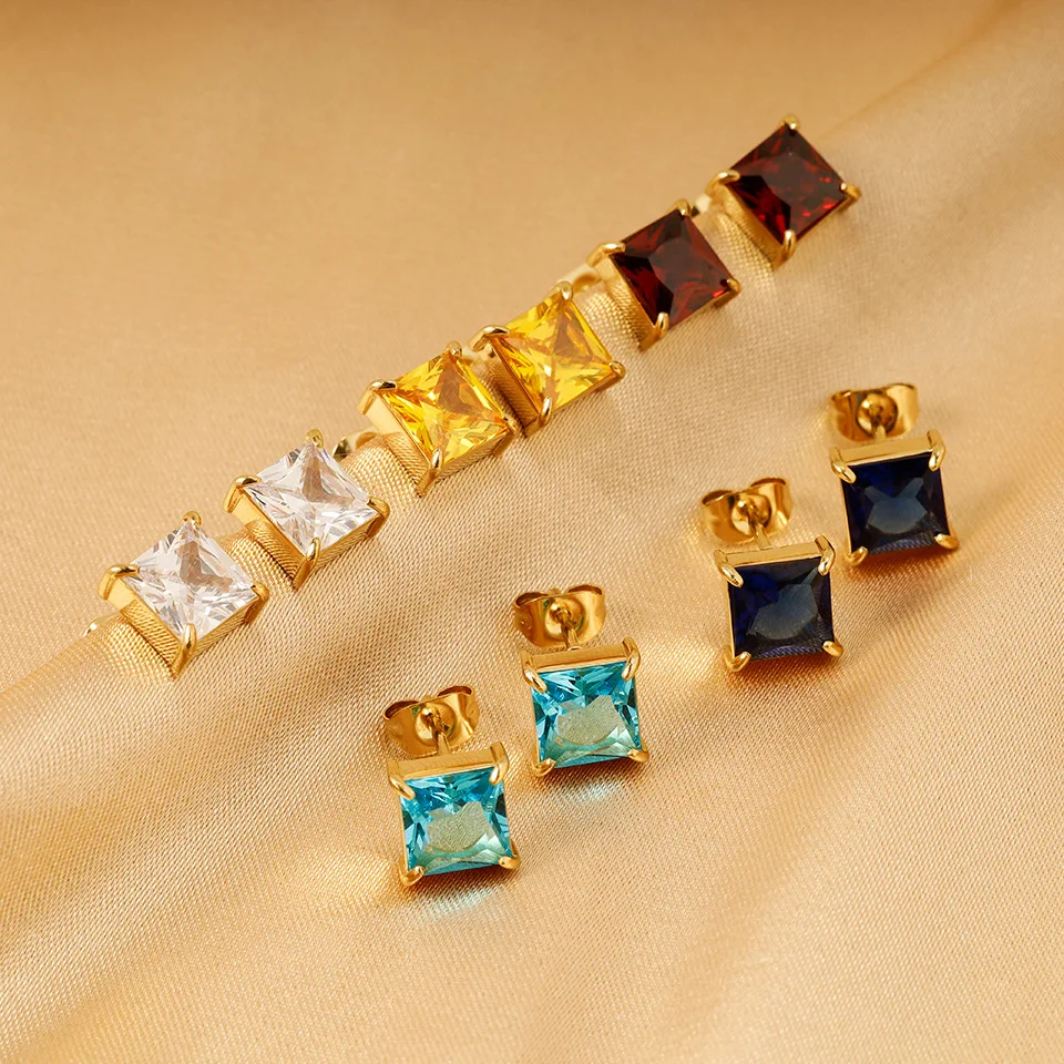

KouCh Gold Plated Anti-Allergy AAA Cubic Zirconia Blue Square Rhinestone Stud Earrings For Woman Party Luxury Stone Stud Piecing