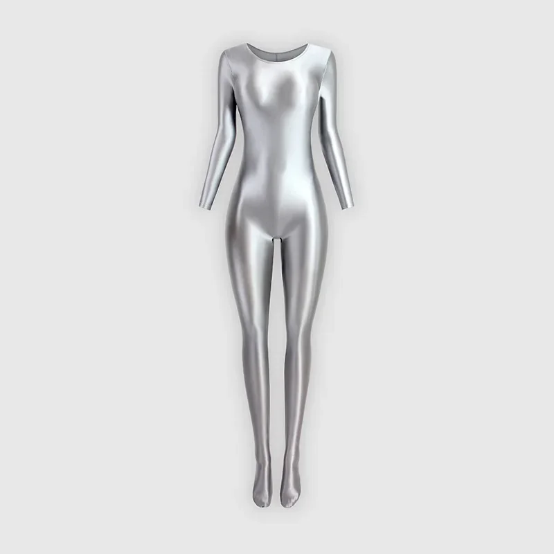 Women Long Sleeve Tight Glossy Dance Jumpsuit Bodysuit Yoga Solid Shaped Practice Rhythmic Gymnastics Leotard Swimsuit Dancewear