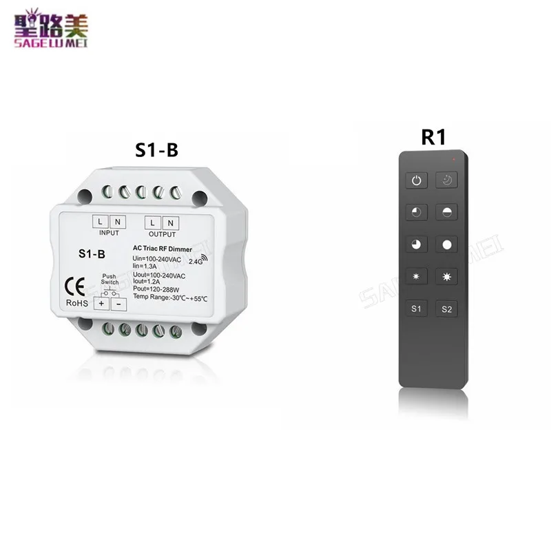 

R1 S1-B Led Triac RF Dimmer use with R1 Remote 2.4GHz Wireless 1A 100W-288W Push Dimmer LED Switch Controller AC 110V - 220V