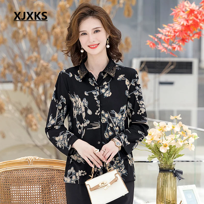 

Женская рубашка с отложным воротником XJXKS, свободная блузка большого размера с длинными рукавами и изысканными бриллиантами, весна-осень 2022