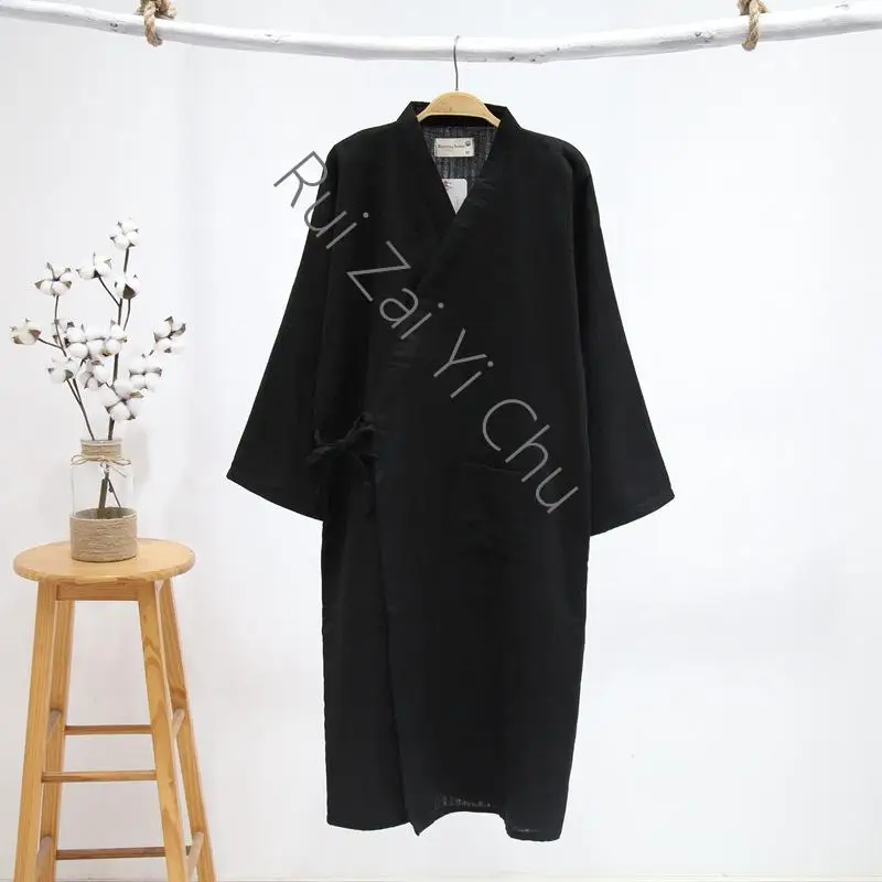 Summer Cotton Kimono Bathrobe Mens Robes Long Bath Robe Loose Leisure Nightgown New Men's Cotton Yarn Sleeping Gown Thin