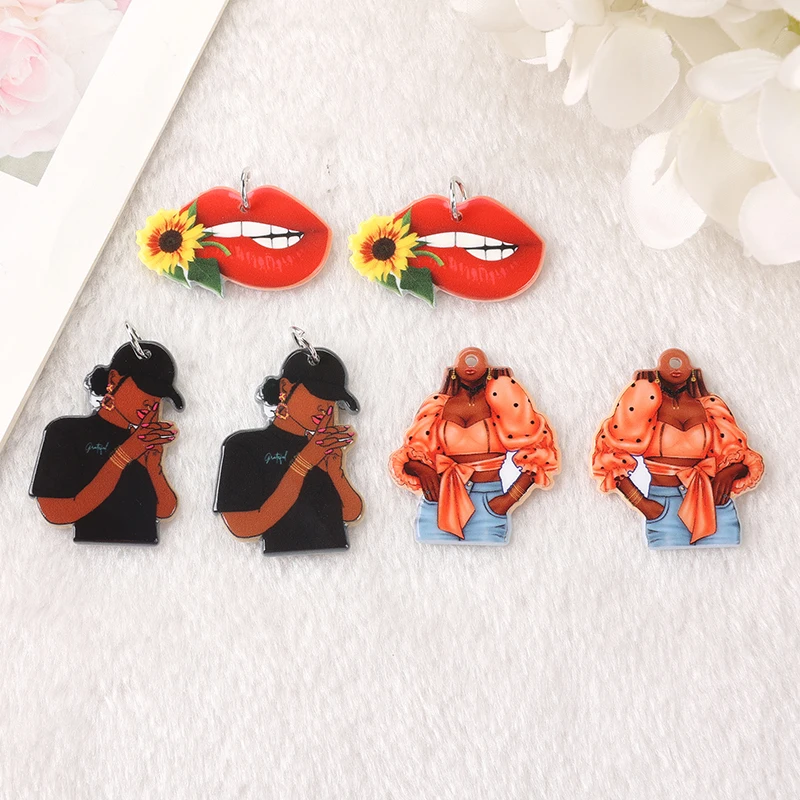 

10Pcs Sunflower Red Lips Charms Cool Girl Cowgirl Acrylic Jewlery Findings For Jewelry Diy