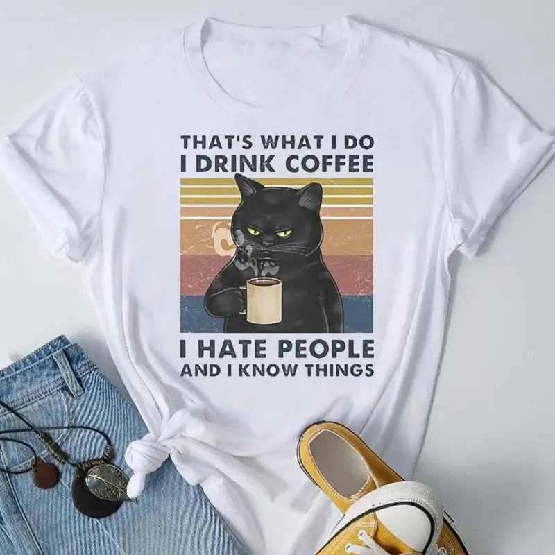 

Tee Women Cat Coffee Love Lady Casual Short Sleeve Top Clothes Funny Letter Fashion Spring Summer Tshirt Female Graphic T-Shirt