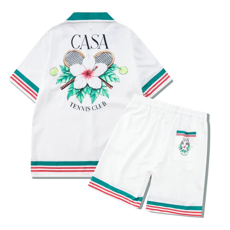 

Color Match Flower Letter Print Hawaii Beach Shorts Set for Men Lapel Casual Shirts Summer Oversized Loose Hip Hop Tracksuit