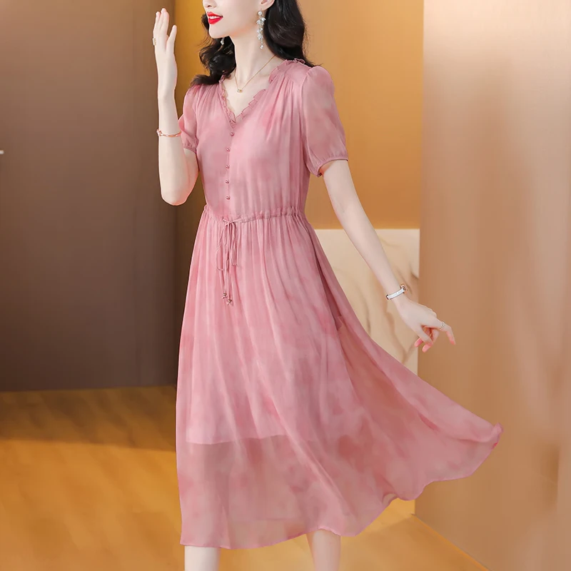 Женское винтажное шелковое платье свободного покроя повседневное однотонное