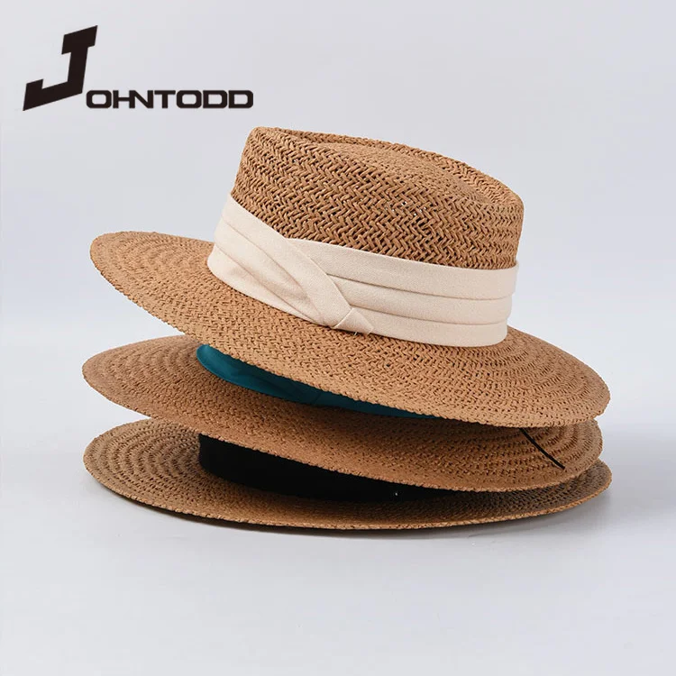 

Шляпа женская Соломенная с лентой и бантом, модная Повседневная Панама с плоским верхом, с козырьком, для пляжа, летняя