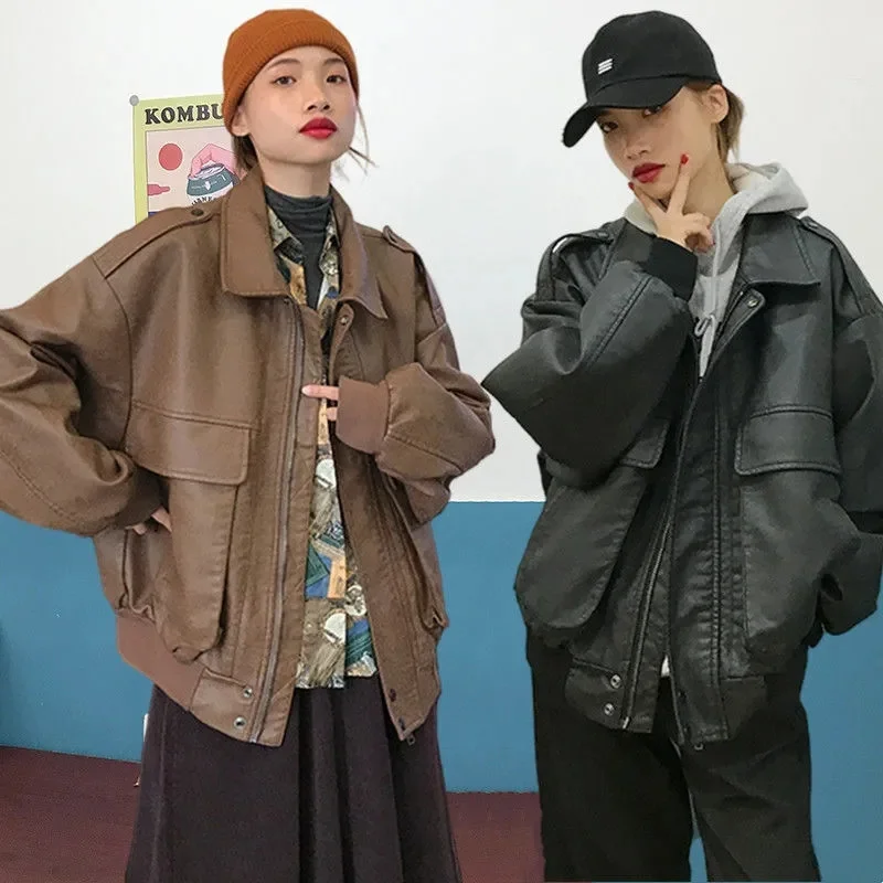 Новинка 2023 стильное винтажное кожаное пальто женская осенне-зимняя куртка в