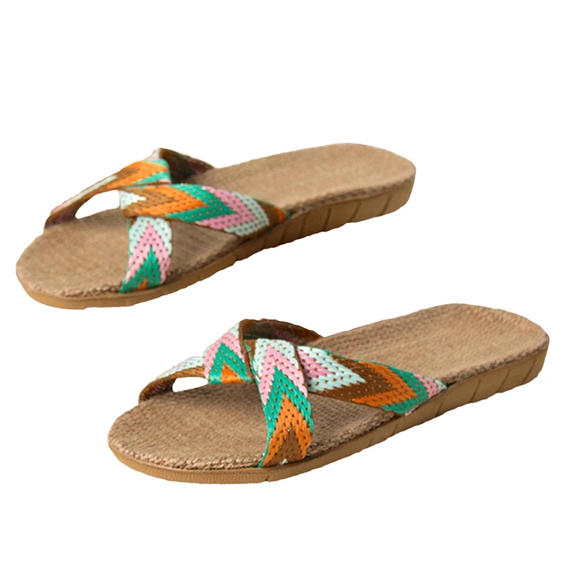 

Summer Slippers For Women Chain Slides Home Floor Shoes Flax Cross Belt Silent Sweat Slippers Women Sandals