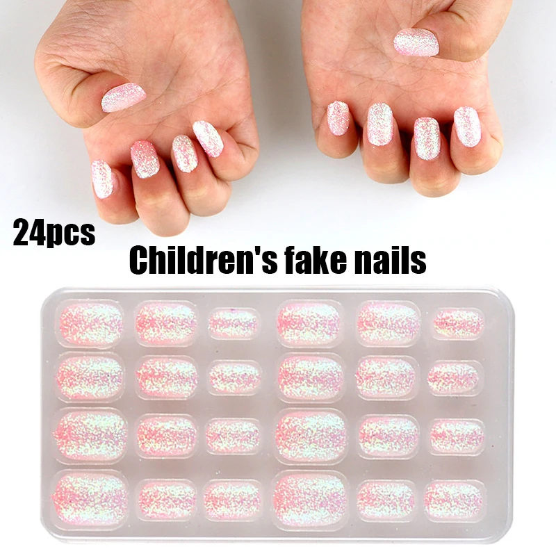 

24PCS Children's Fake Nails Tips Kids Girls Cute Sweet Pink Fake Nails Patches Press on Nails Sparkly Full Cover Manicure Tools