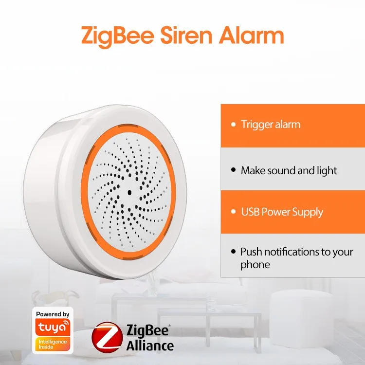 

Звуковая и визуальная сигнализация Tuya ZigBee, Wi-Fi сенсор 90 дБ, питание от usb/аккумулятора, двойной сигнал, управление через приложение
