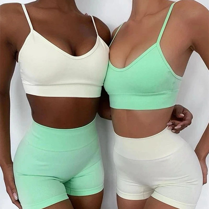

Бесшовные шорты для йоги, женский спортивный бюстгальтер, одежда для тренировок в тренажерном зале, кроп-топ с коротким рукавом, леггинсы с ...