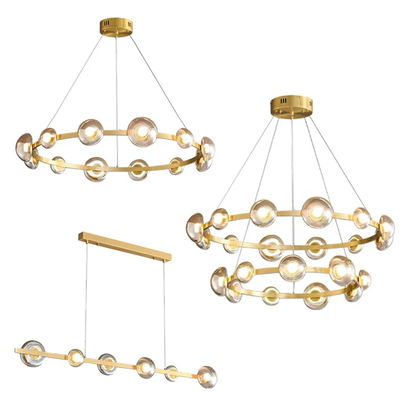 

Amber Glass Round Pendant Lights Lustres Dimmable LED Copper Hanging Lamp for Ceiling Gold Home Decoration for Living Room Decor