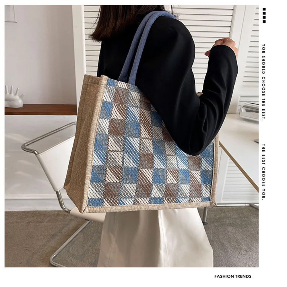 

Plaid Canvas Casual Shoulder Bag Linen Large Capacity Shopping Tote Bag Student Commuting Bag Going Out Travel Bag 2023