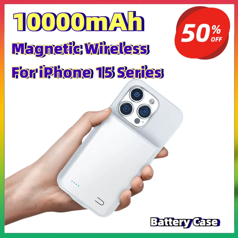Фото Магнитный беспроводной чехол-аккумулятор 10000 мАч для iPhone 15 серии, портативное зарядное устройство для телефона №1