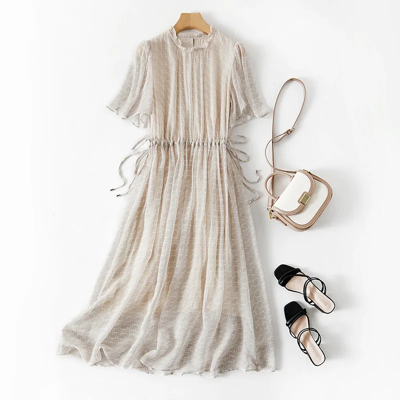 

Женское платье из чистого шелка, круглый вырез, короткий рукав, платье на шнуровке на талии, геометрический принт, геометрическое пляжное платье, 86014