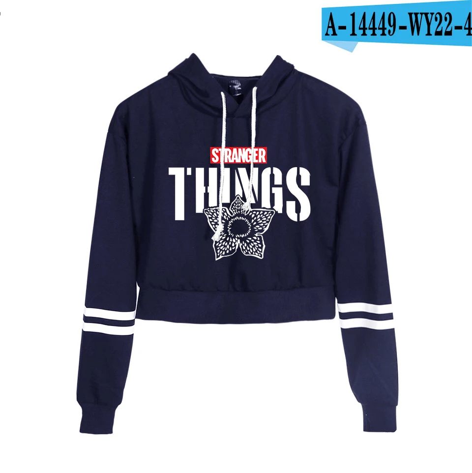 

Stranger Things Hoodie Short Sweatshirt Ladies Hoodies Casual Girls Cute Crop Tops Sexy Spring Autumn Women High Waist Black