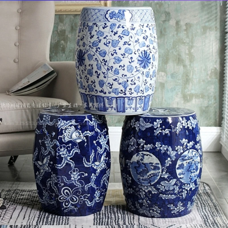 

Chinese Hand-painted Blue and White Porcelain Antique Dressing Stool Bathroom Home Hotel Ceramic Stool Height 45cm