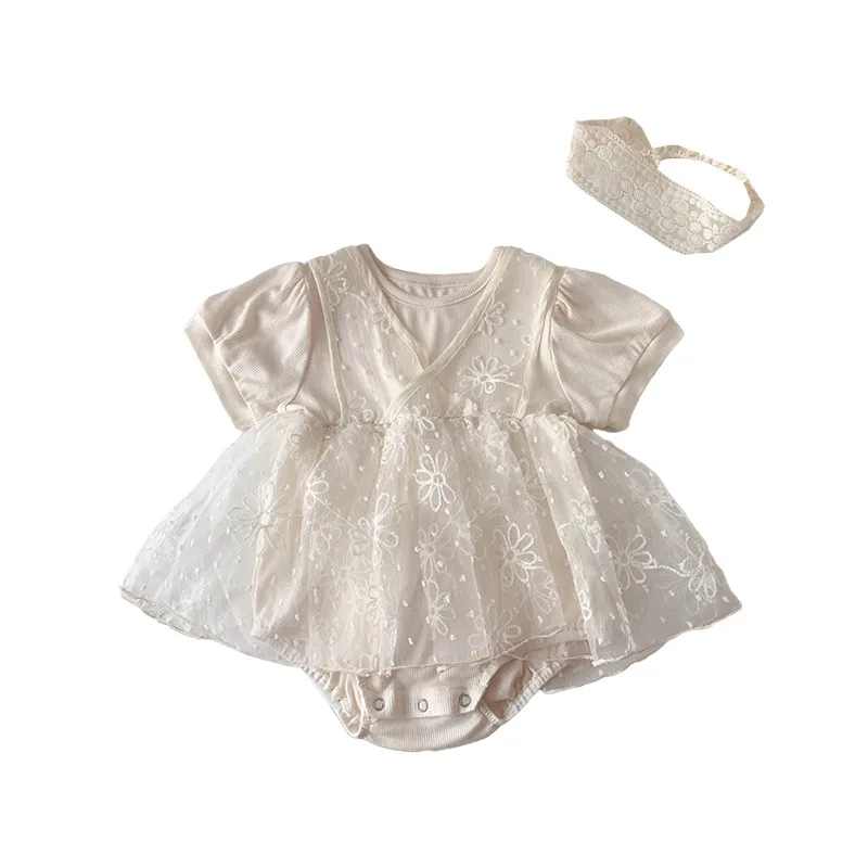 Criscky Newborn Body Suit Todder Clothes Set Baby Girl Mesh Short Sleeve Bodysuit Kid Beige Clothes Set Girls Infant Clothing