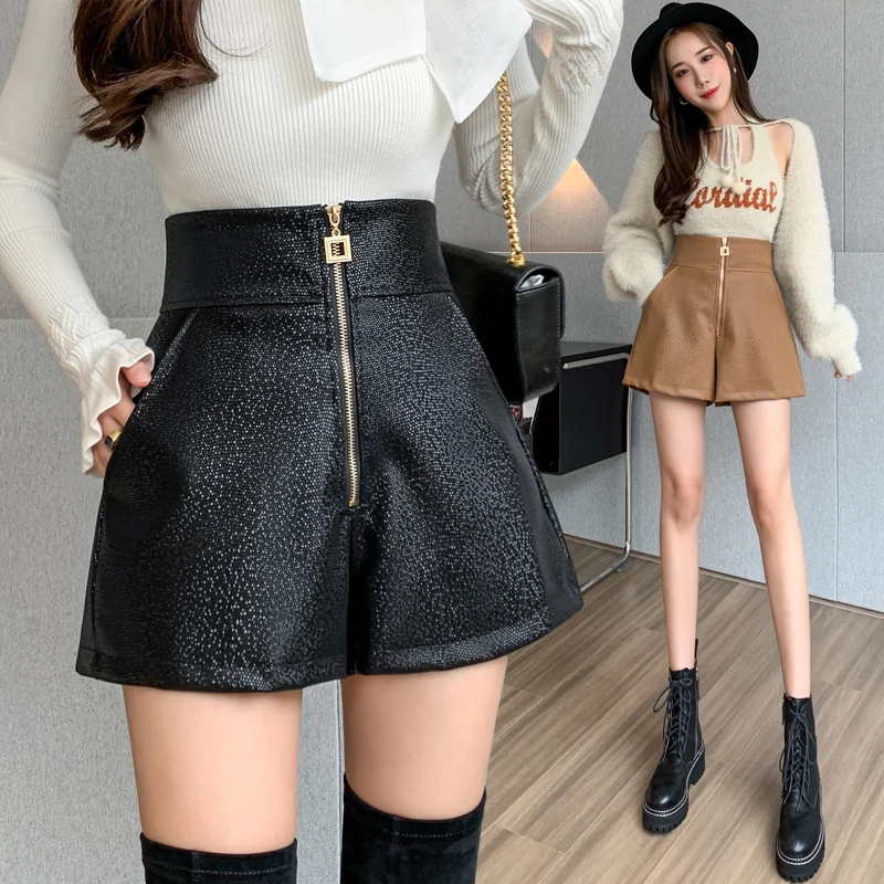 Ladies Fashion OL High Wasited Front Zipper Shiny PU Leather Shorts Women Casual Girls Cute Sexy Booty Shorts Female Outerwear 2