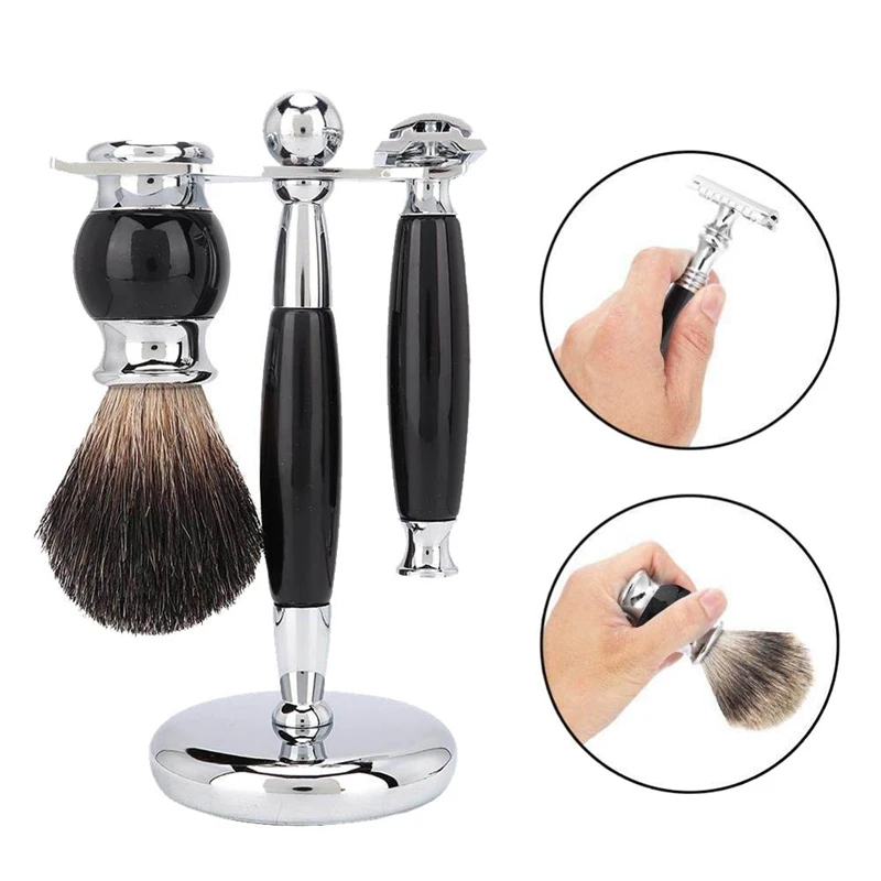 

Manual Shaving Set, Hair Brush 3 In 1 Integrated Shaver Holder Brush Holder, Retro Shaving Set For Men(Black)