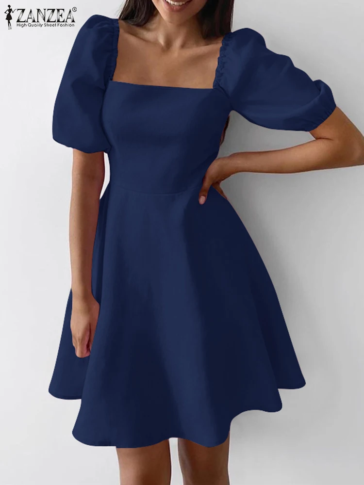

Summer Dress For Women ZANZEA Solid Square Collar Robe 2022 Fashion Puff Sleeve Vestidos Casual Party OL Knee Dresses Oversized