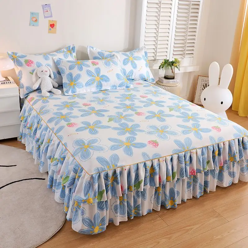 3pcs/Lot Korean Style Thickened Brushed Single Bed Skirt 1pc + Pillowcase 1.2m/1.5m/1.8m/2.0m Machine Washable