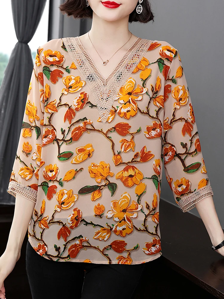 

2022 Spring Summer Print Blouse Women Clothes New Womens Tops Mother V-Neck Chiffon Loose Blusas Mujer Half Sleeve Blouses Femme